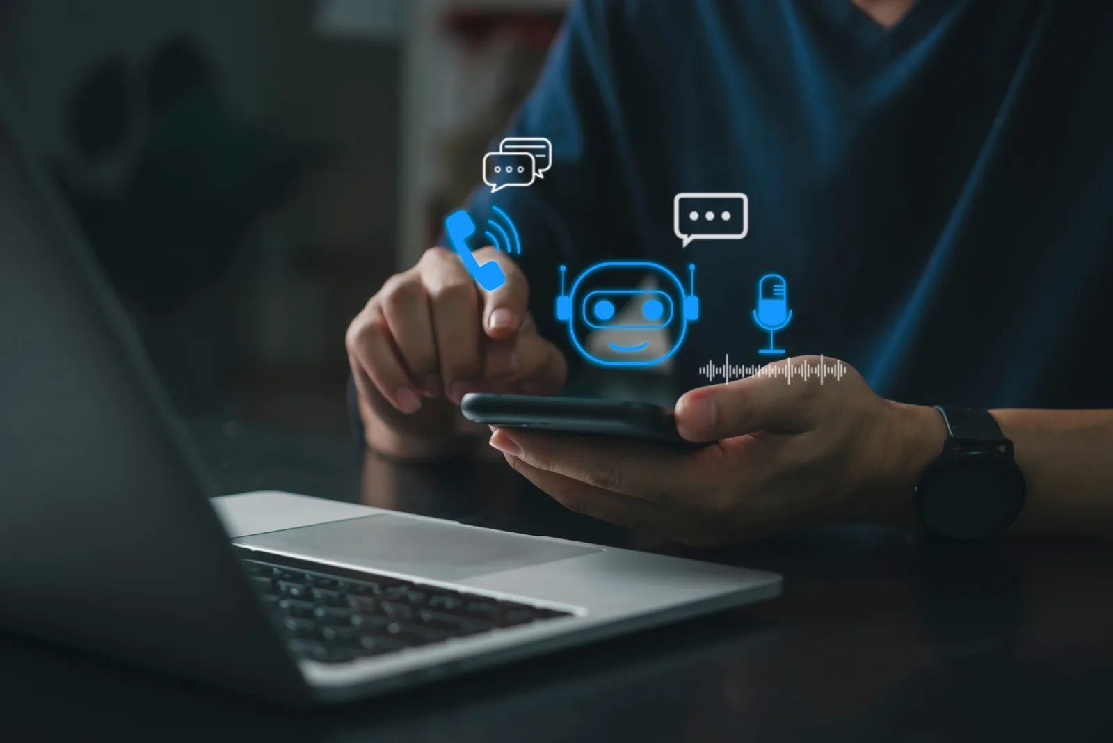 Person nutzt einen KI-Chatbot auf dem Smartphone neben einem Laptop
